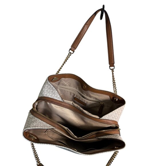 Michael Kors White Monogram Canvas Chain Tote Bag With Gold Accents - Picture 10 of 13